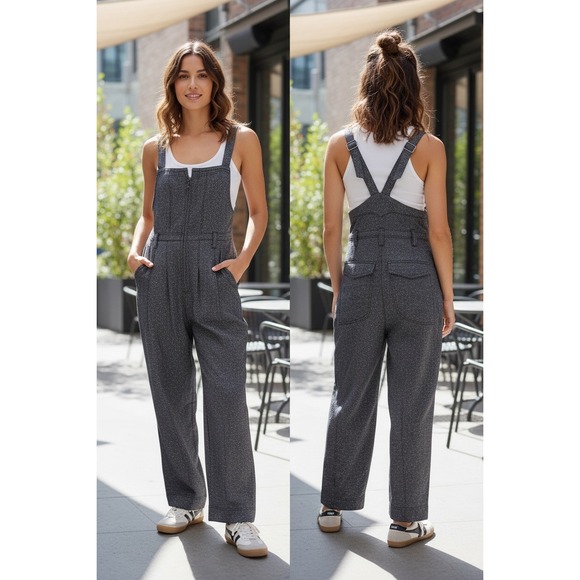 Free People Silver Metallic Herringbone Hippie Overall Relaxed Jumpsuit Boho (M) - Picture 1 of 14